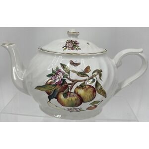 Vtg Arthur Wood & Son Staffordshire England Teapot 6459 Apples‎ Peach Gold Trim
